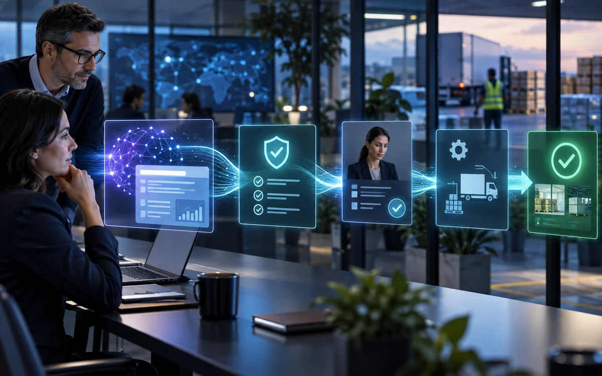 An AI recommendation passes through policy checks and human approval before a logistics action is executed.