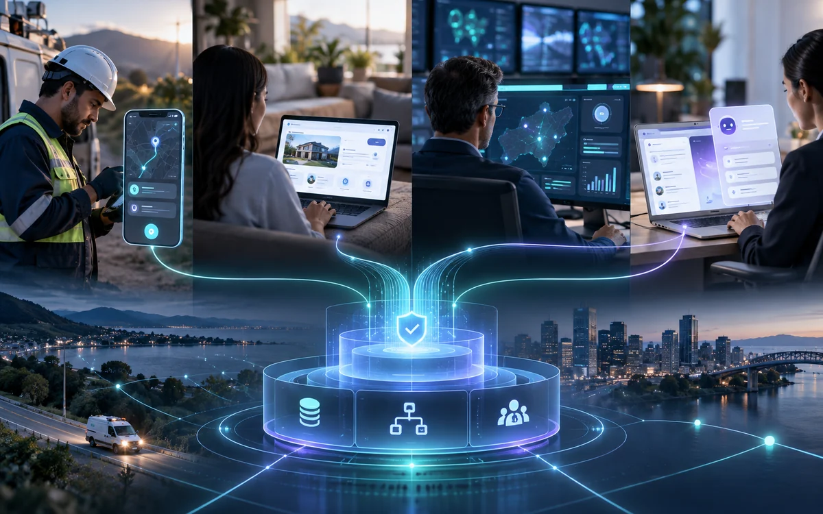A field app, customer portal, operations dashboard and AI workspace connect to the same controlled business foundation.
