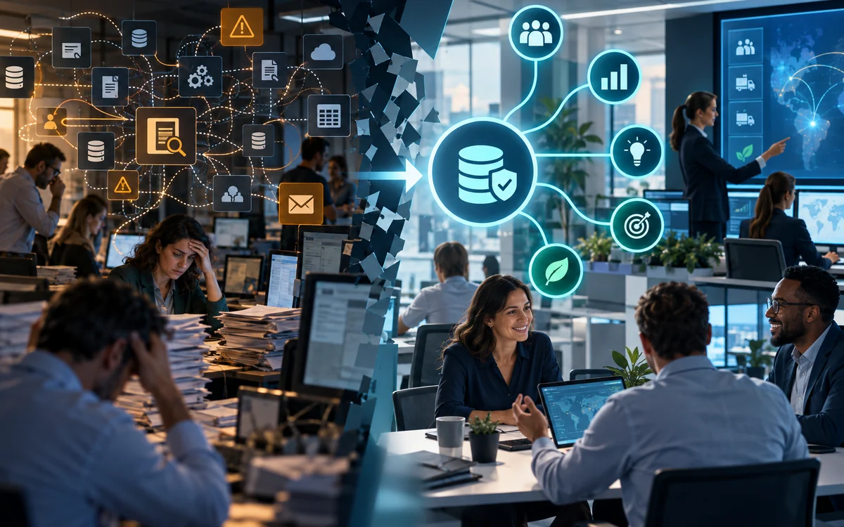A business replaces fragmented integrations, paperwork and manual control work with one governed operation serving several outcomes.