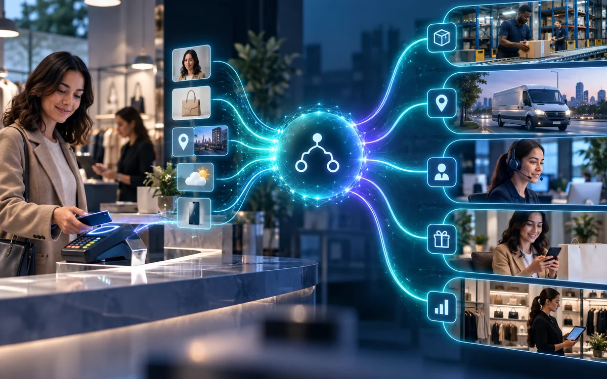 A commerce event joins current customer and operational context before coordinating fulfilment, service and next actions.