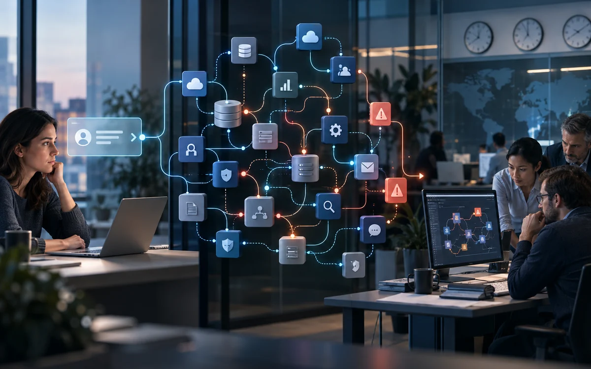 A customer event crosses a tangled chain of cloud, database, analytics and integration components before an operations team can act.