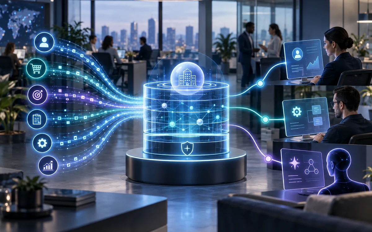 Customer, transaction and operational streams maintain one governed business state for an employee, application and AI agent.