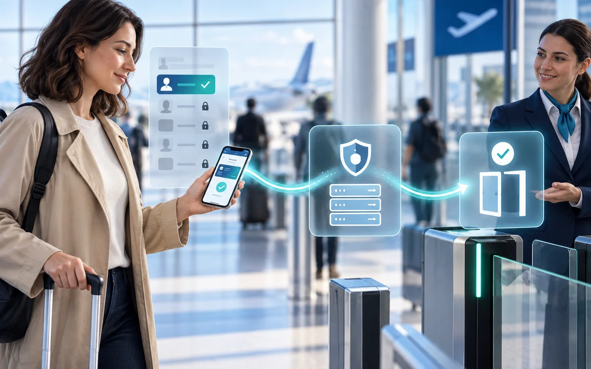 A traveller uses a digital identity wallet to share one verified fact through a trust provider with an airport service.