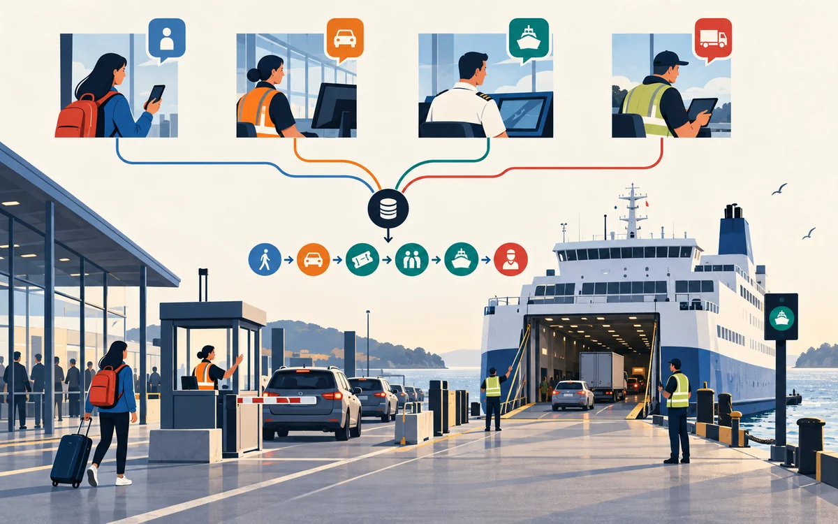 Passenger, vehicle, ticket, terminal and sailing context coordinate a live ferry boarding operation.