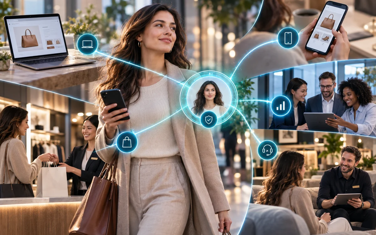 One customer moves across web, native app, store and service channels while teams share the same governed context.