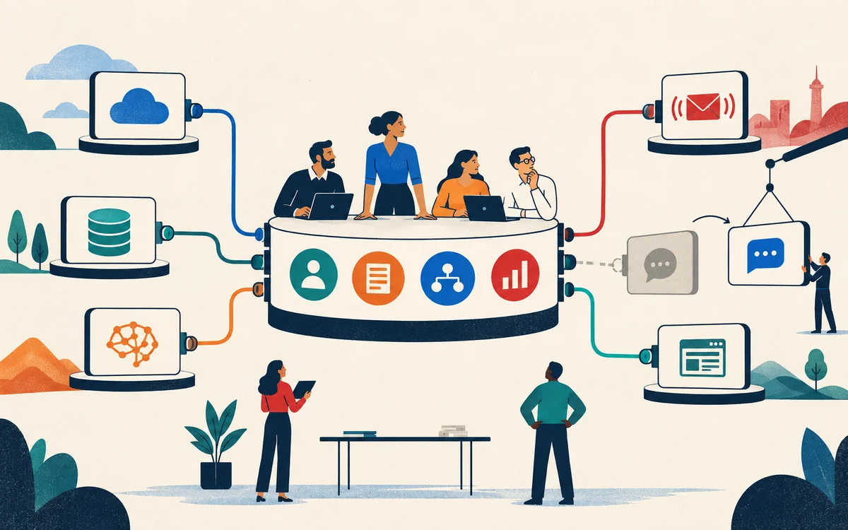 An organisation keeps business context, rules and evidence together while cloud, storage, AI and channel capabilities remain replaceable.