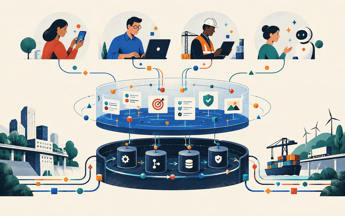Customers, employees, field teams and digital assistants use one active business state processed by a shared governed runtime.