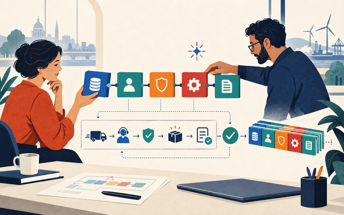 A business expert and implementation specialist arrange, test and approve the elements of a reusable governed stream.