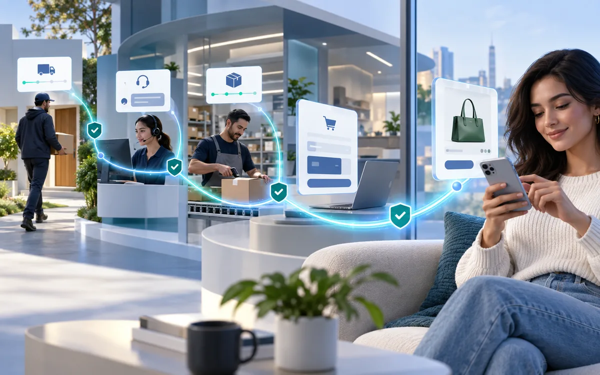 A connected commerce journey from mobile interaction through checkout, fulfilment, service and delivery