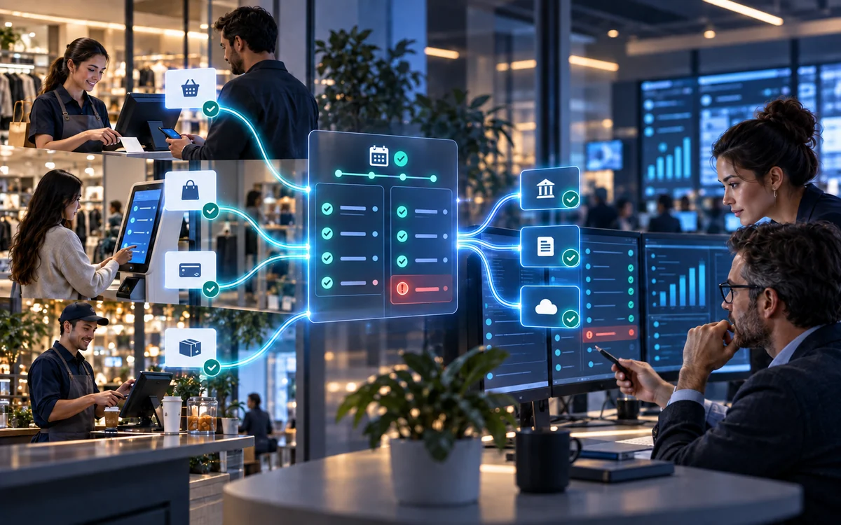 Sales, refund and payment events from distributed stores passing ledger controls before delivery to financial systems