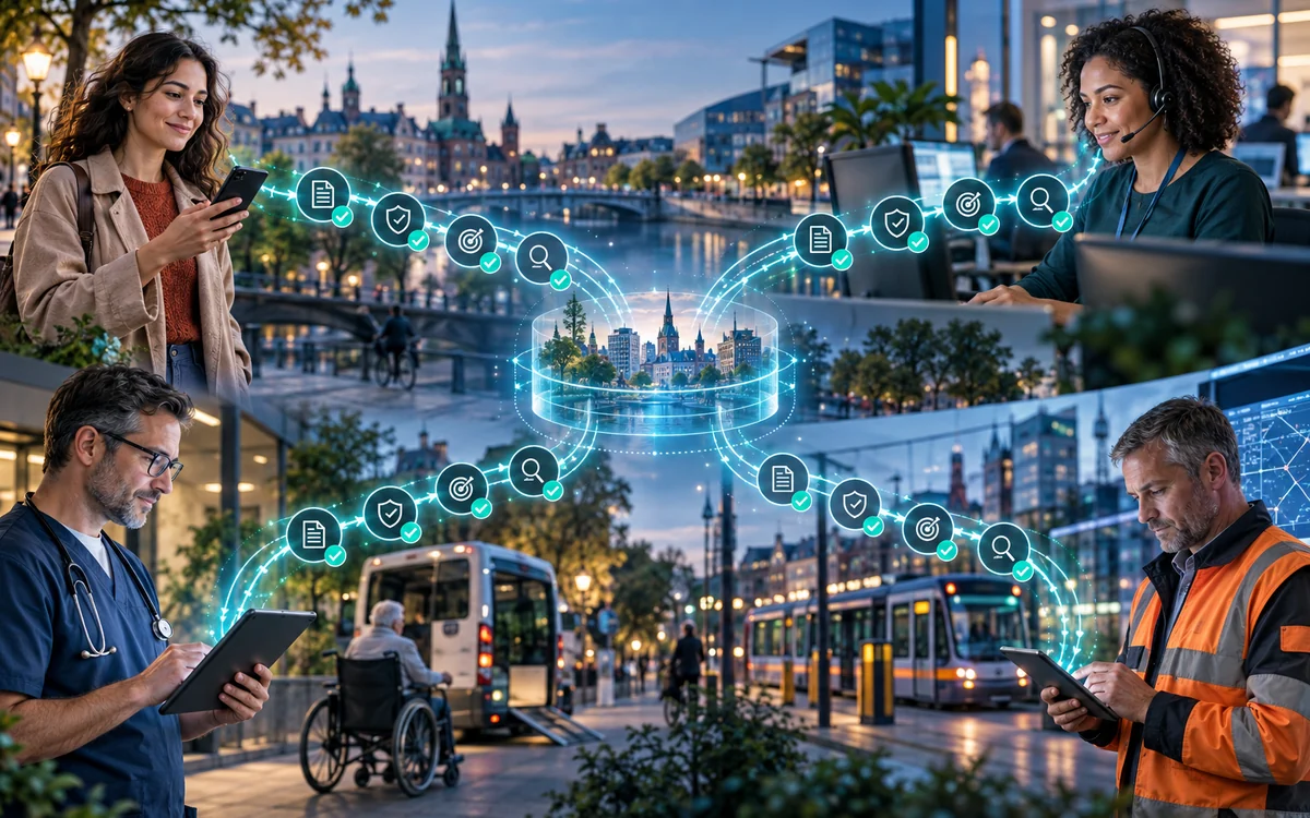 Residents, service teams, care professionals and mobility operators exchange information through mutually verified data streams.
