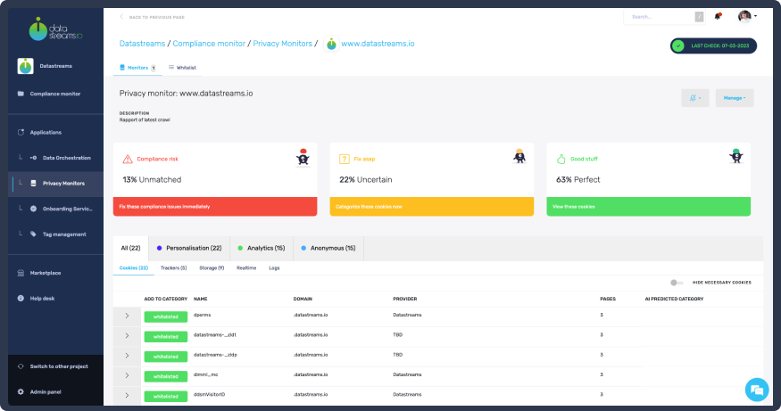 Dashboard of Compliance Monitor cookies tab with the cookie variables that are stored on the datastreams.io website.